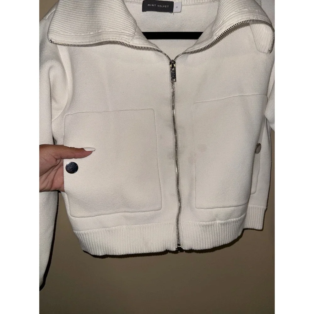 Mint Velvet Cream Knit Zip Up Bomber Jacket Cropped Ivory Size M Minimalist